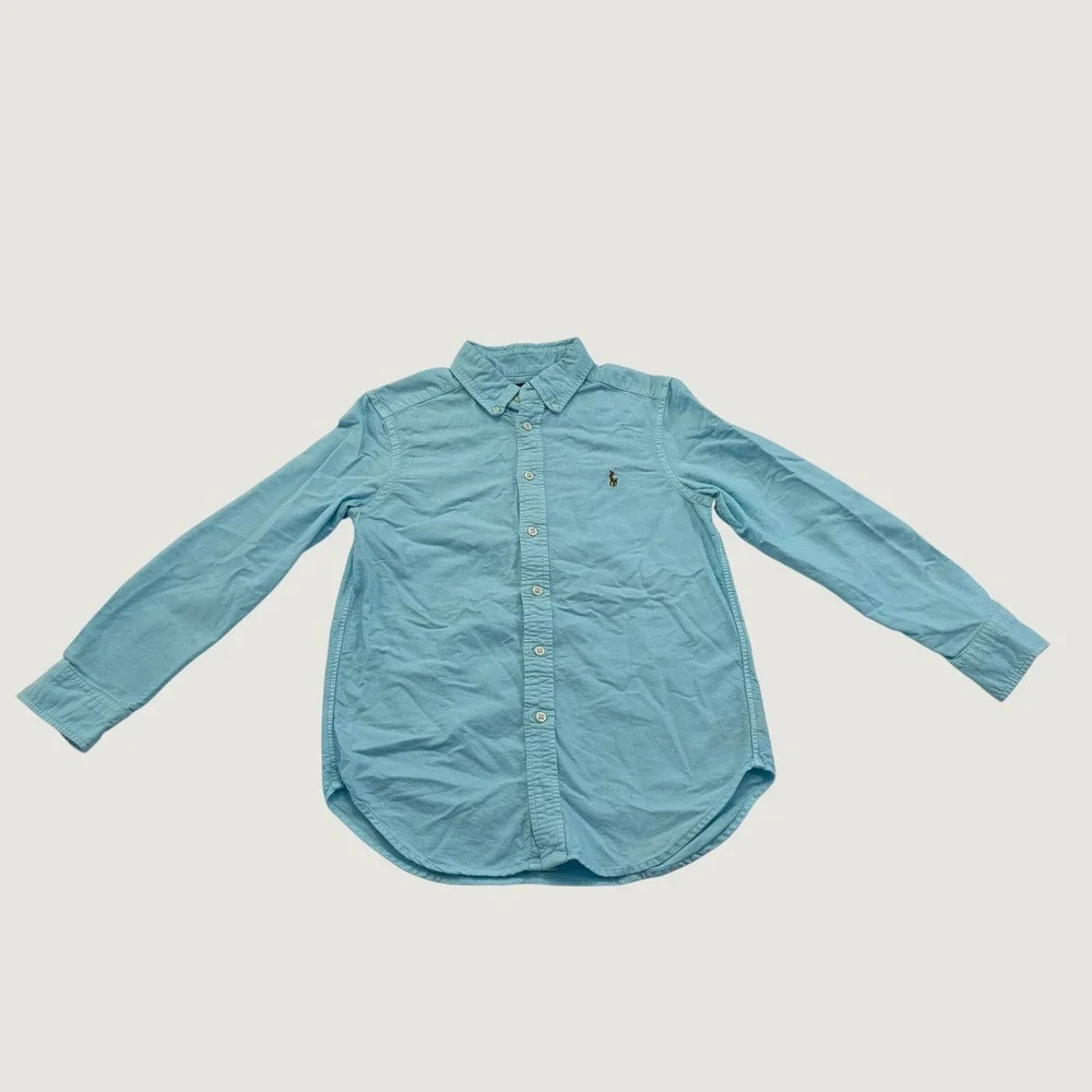 Ralph Lauren Boys M 10-12 Aqua Blue Long Sleeve Button Down Cotton Shirt